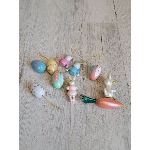 Vintage Easter Bunny carrot egg wooden miniature ornament spring set - Picture 6 of 7